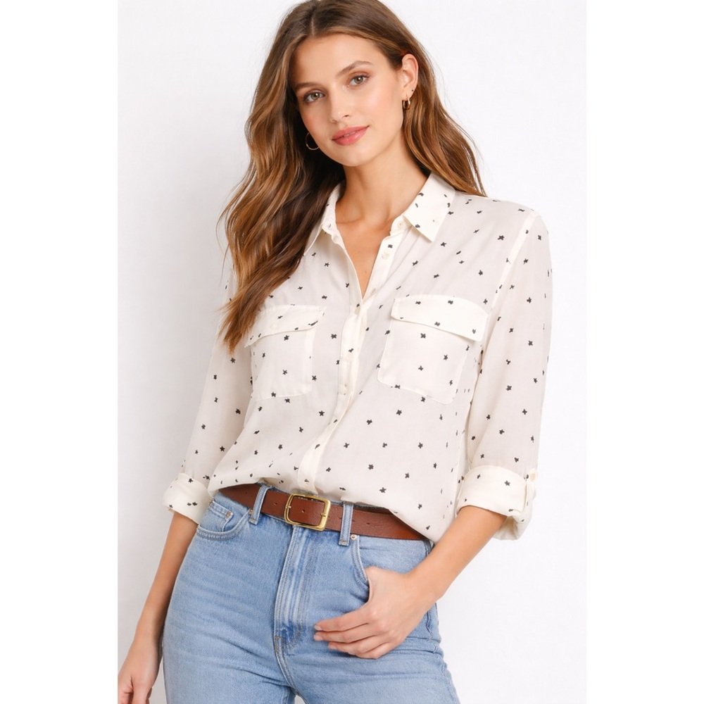 LOFT Cream Star Print Button Down Blouse | Celestial Indie - Picture 1 of 6